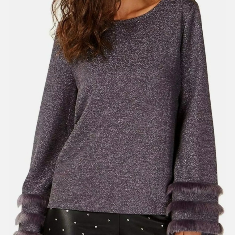 Inc Womens Faux-Fur-Trim Metallic Top